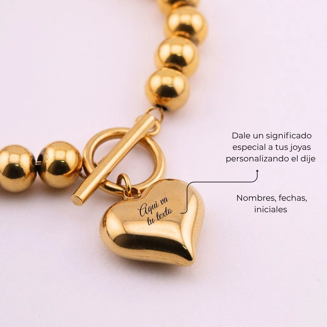 Pulsera Personalizada en Acero Inoxidable Dorado con Corazón