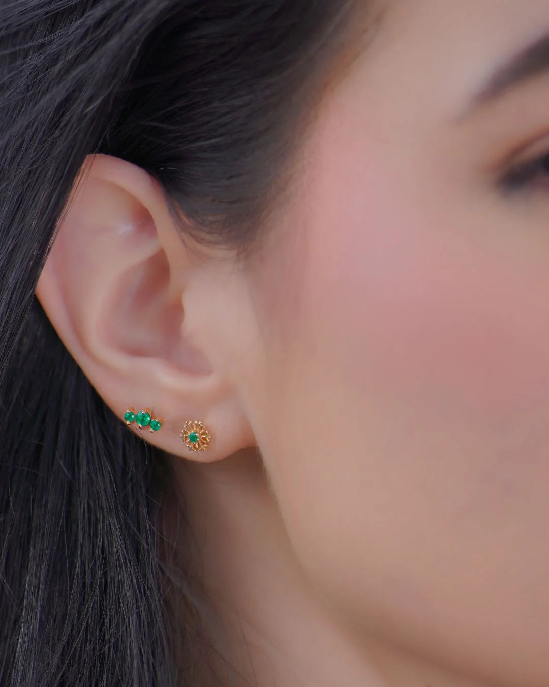 Labret Trío de Esmeraldas Colombianas en Oro 18K