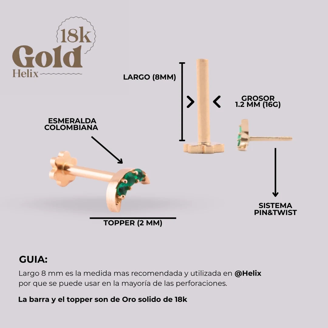Labret Luna Creciente con Esmeraldas Colombianas en Oro 18K