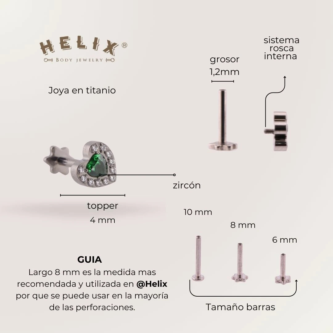 Labret Corazón Verde en Titanio Grado Implante