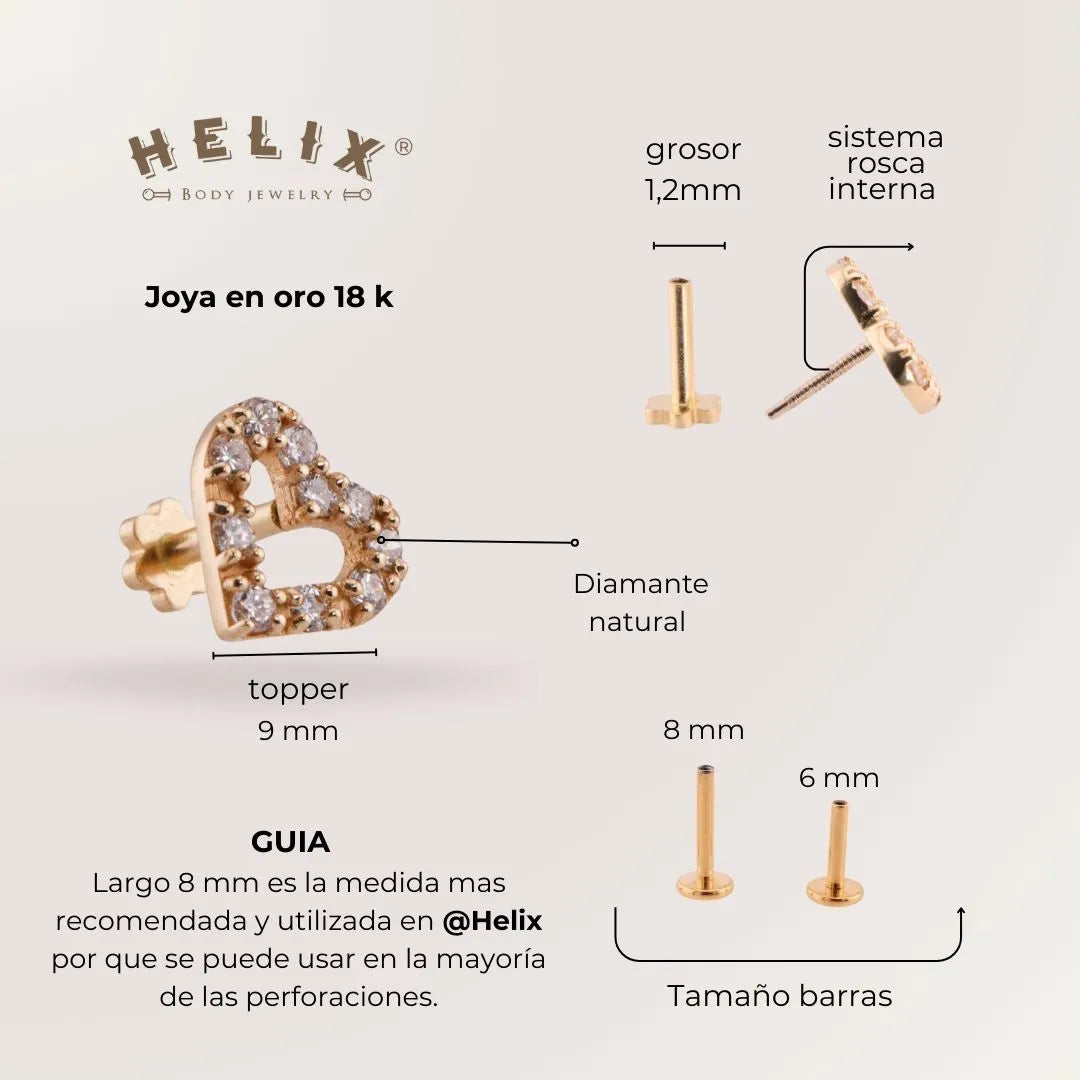 Labret Corazón con Diamantes Naturales en Oro 18K