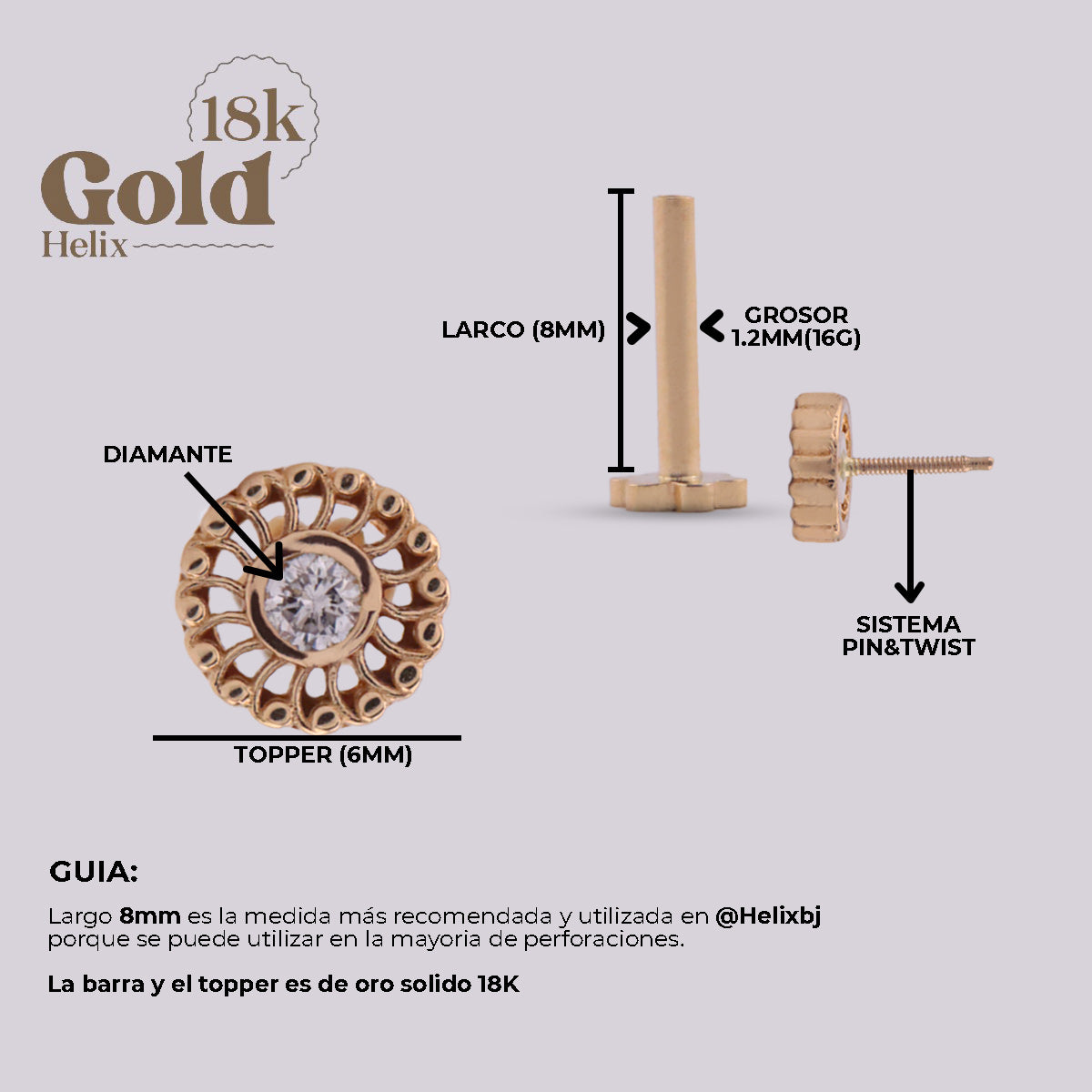 Labret Espiral en Oro 18K con Diamante