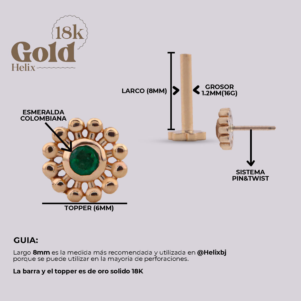 Labret Sol en Oro 18K con Esmeralda Colombiana