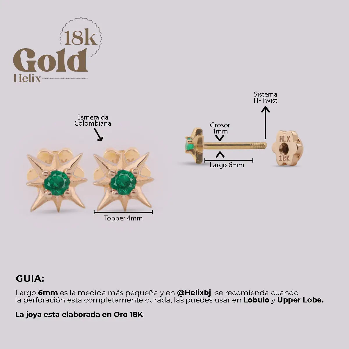 Aretes Estrella de 8 Puntas en Oro 18K con Esmeralda Colombiana