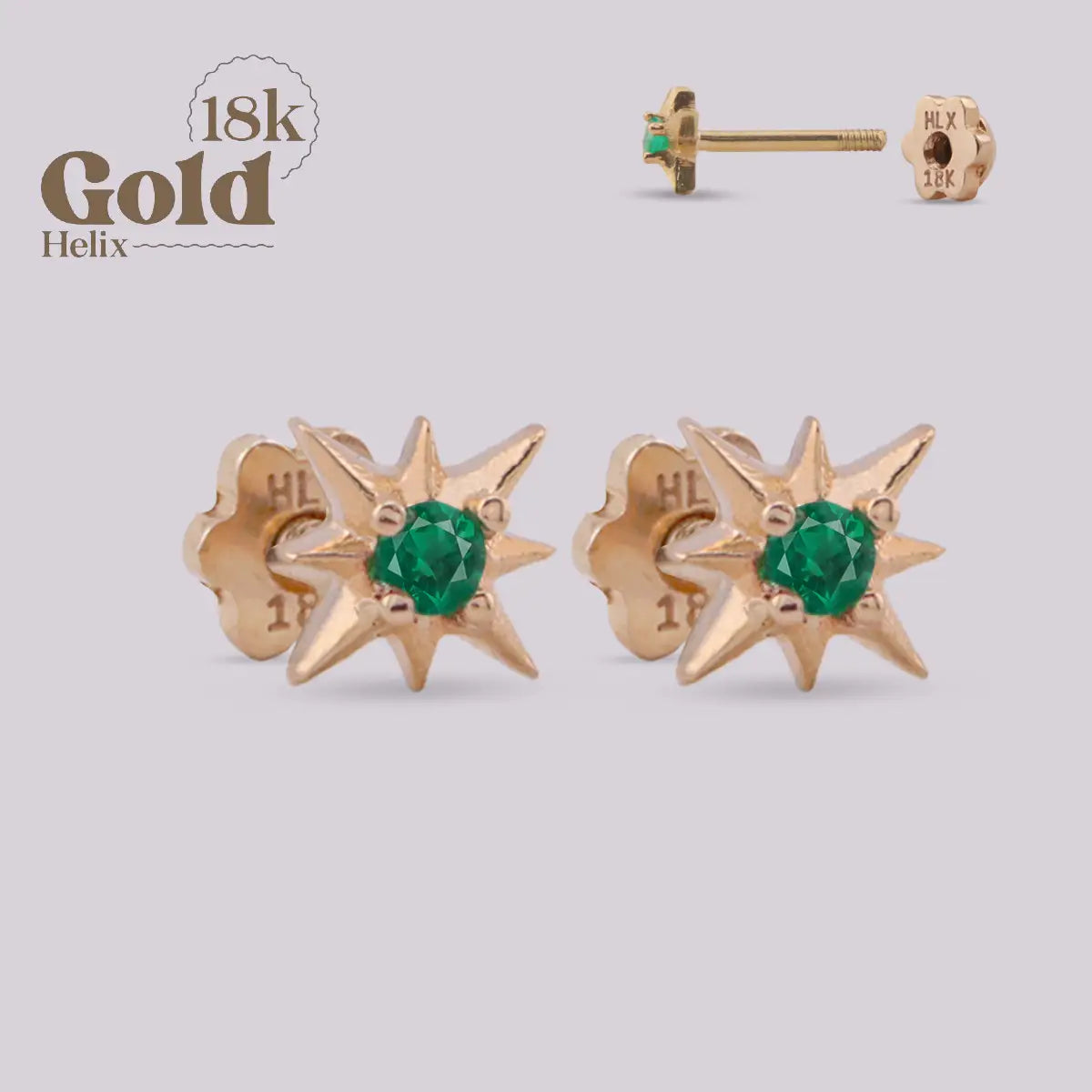 Aretes Estrella de 8 Puntas en Oro 18K con Esmeralda Colombiana