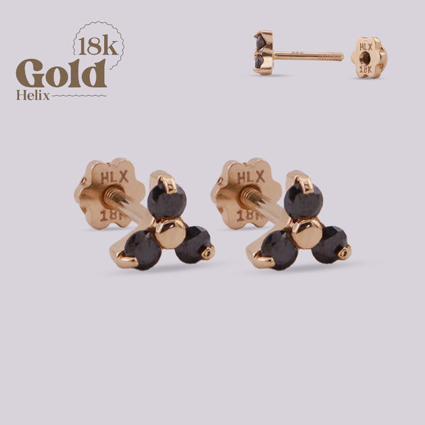18K Gold Stud Earrings with Three Black Diamonds - Handcrafted Elegance