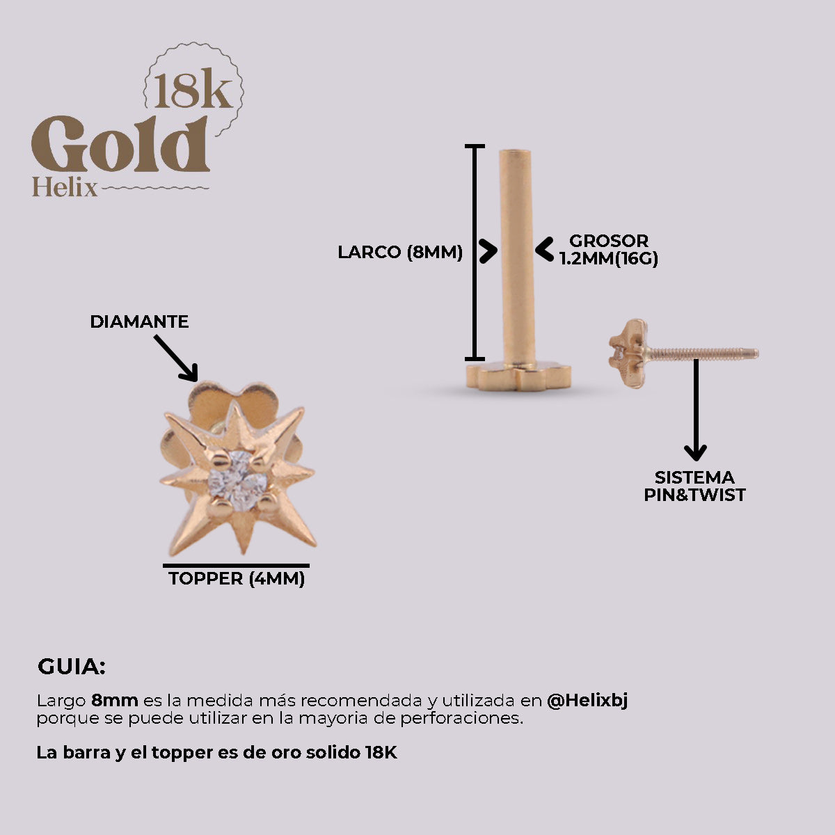 Labret Estrella Celestial en Oro 18K con Diamante Natural