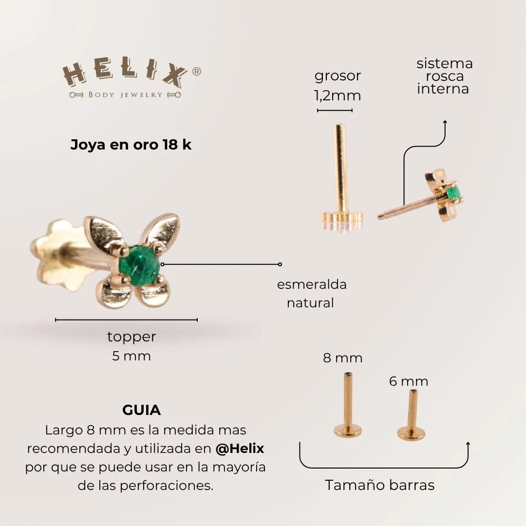 Labret Mariposa con Esmeralda Colombiana en Oro 18K