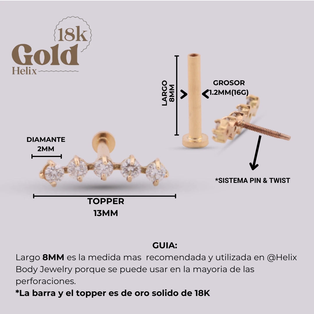 Labret Penta con Cinco Diamantes en Oro 18K
