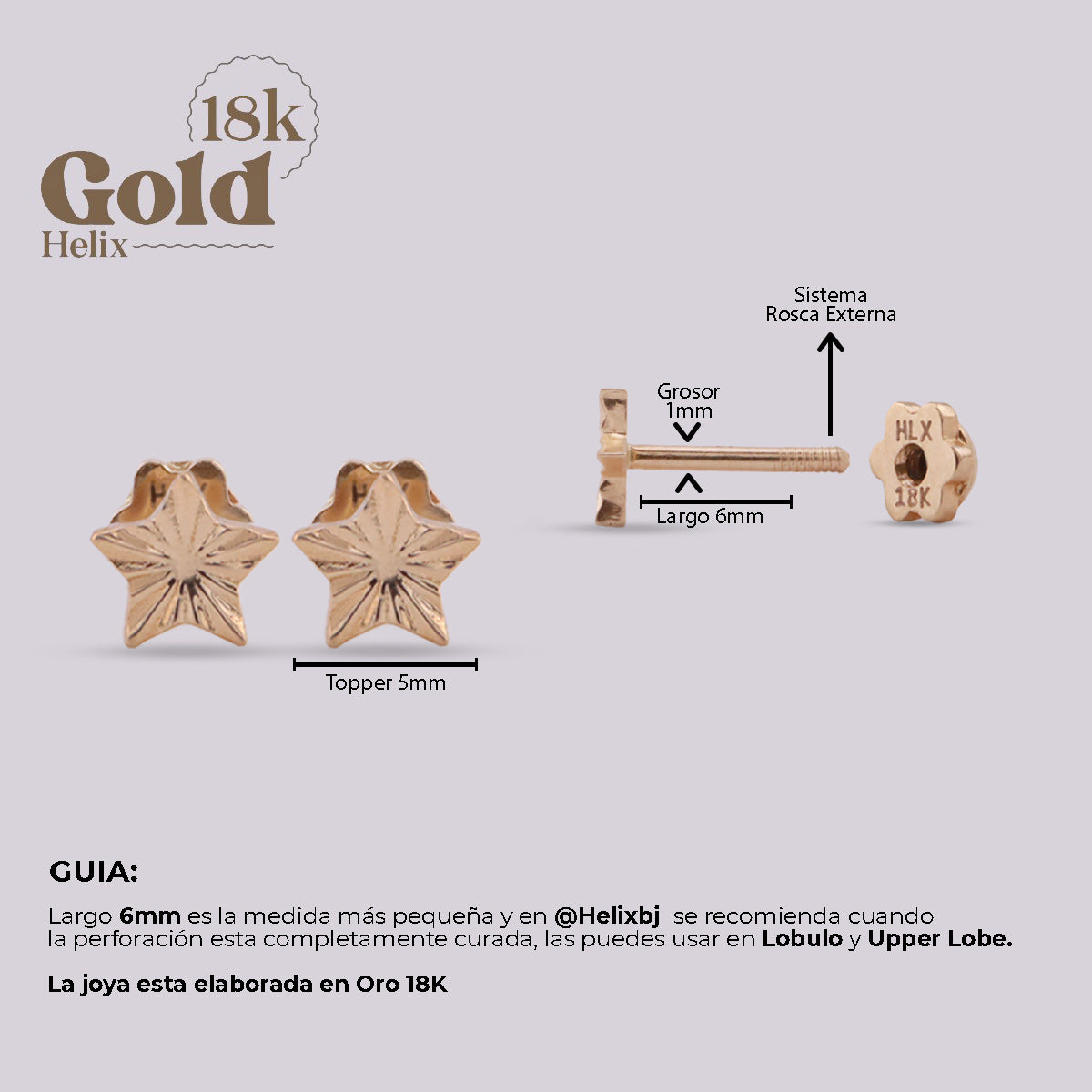 Aretes Topo Estrella Oro 18K con Rosca Segura