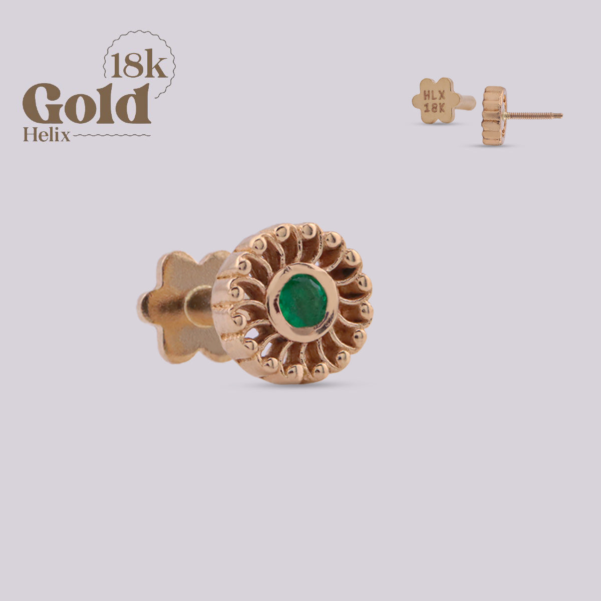 Labret Espiral en Oro 18K con Esmeralda Colombiana