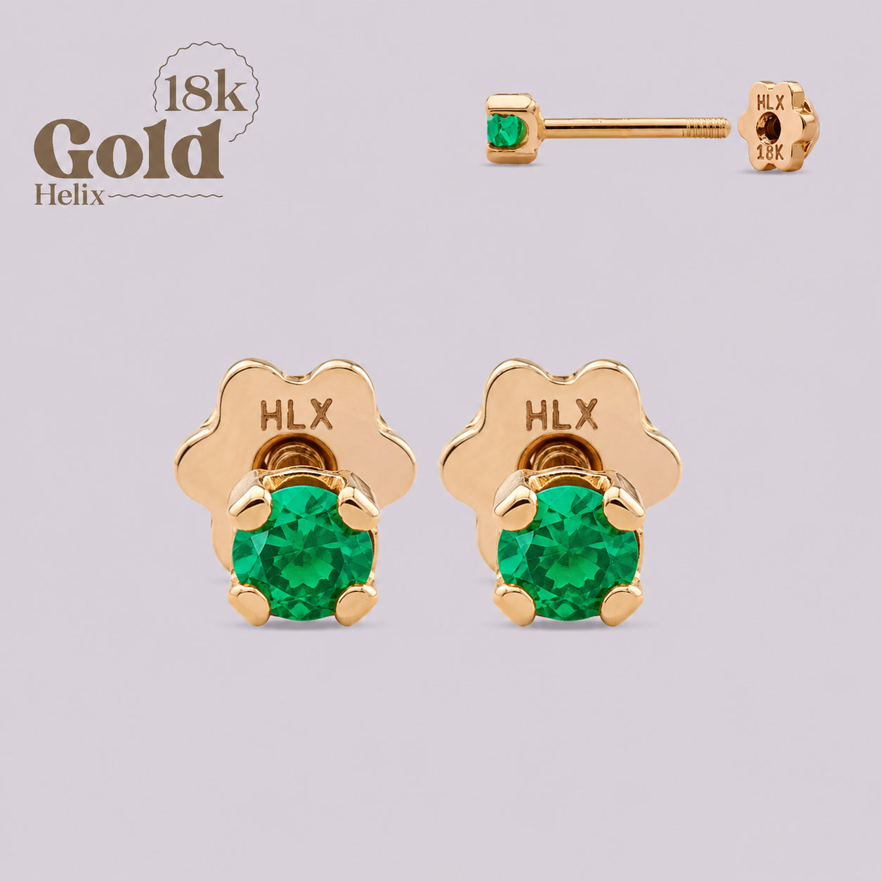 H Helix Earrings with Colombian Emerald in 18K Solid Gold
