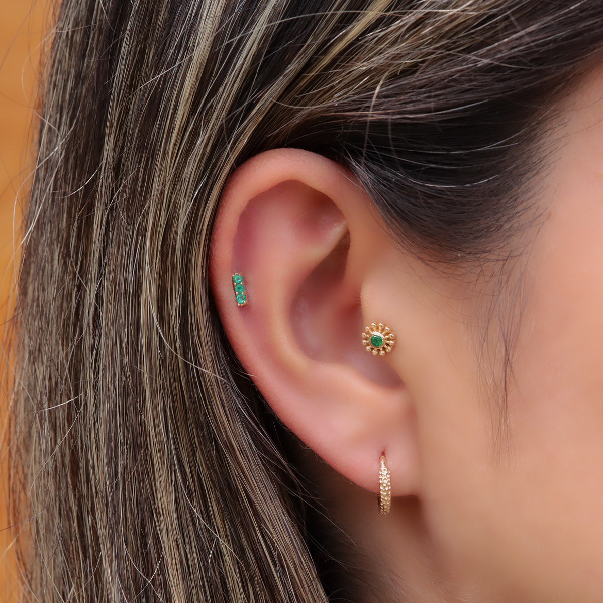 Labret en Oro 18K con Trío de Esmeraldas Colombianas