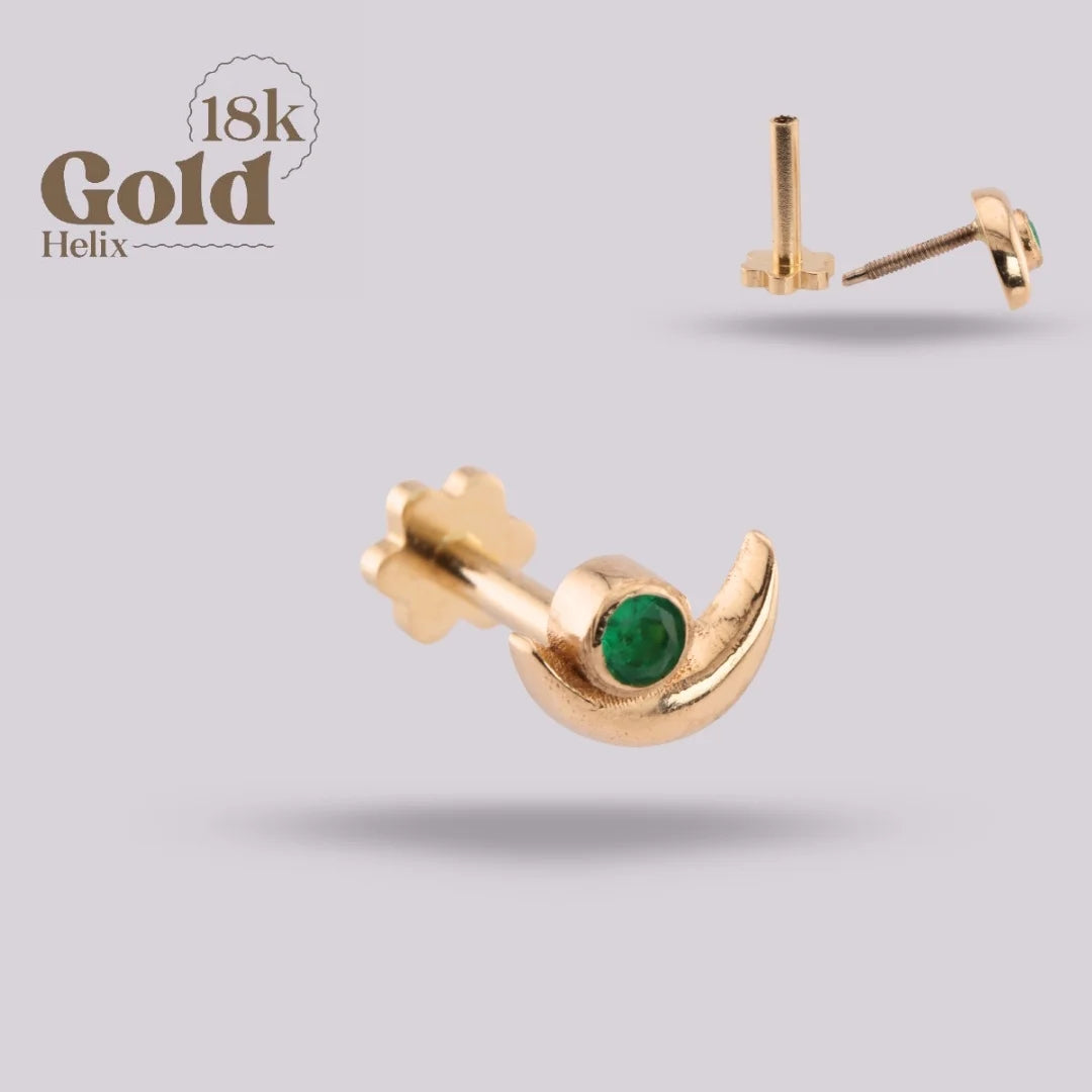 Labret Media Luna con Esmeralda Colombiana en Oro 18K