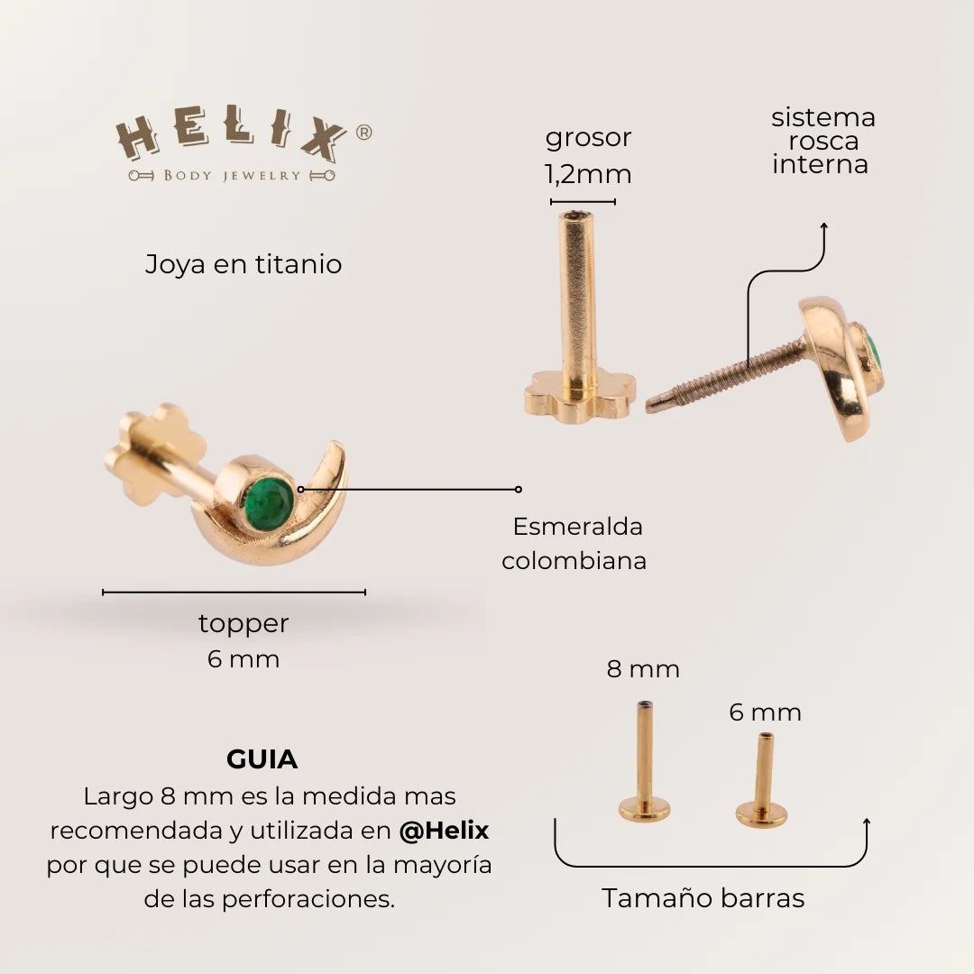 Labret Media Luna con Esmeralda Colombiana en Oro 18K