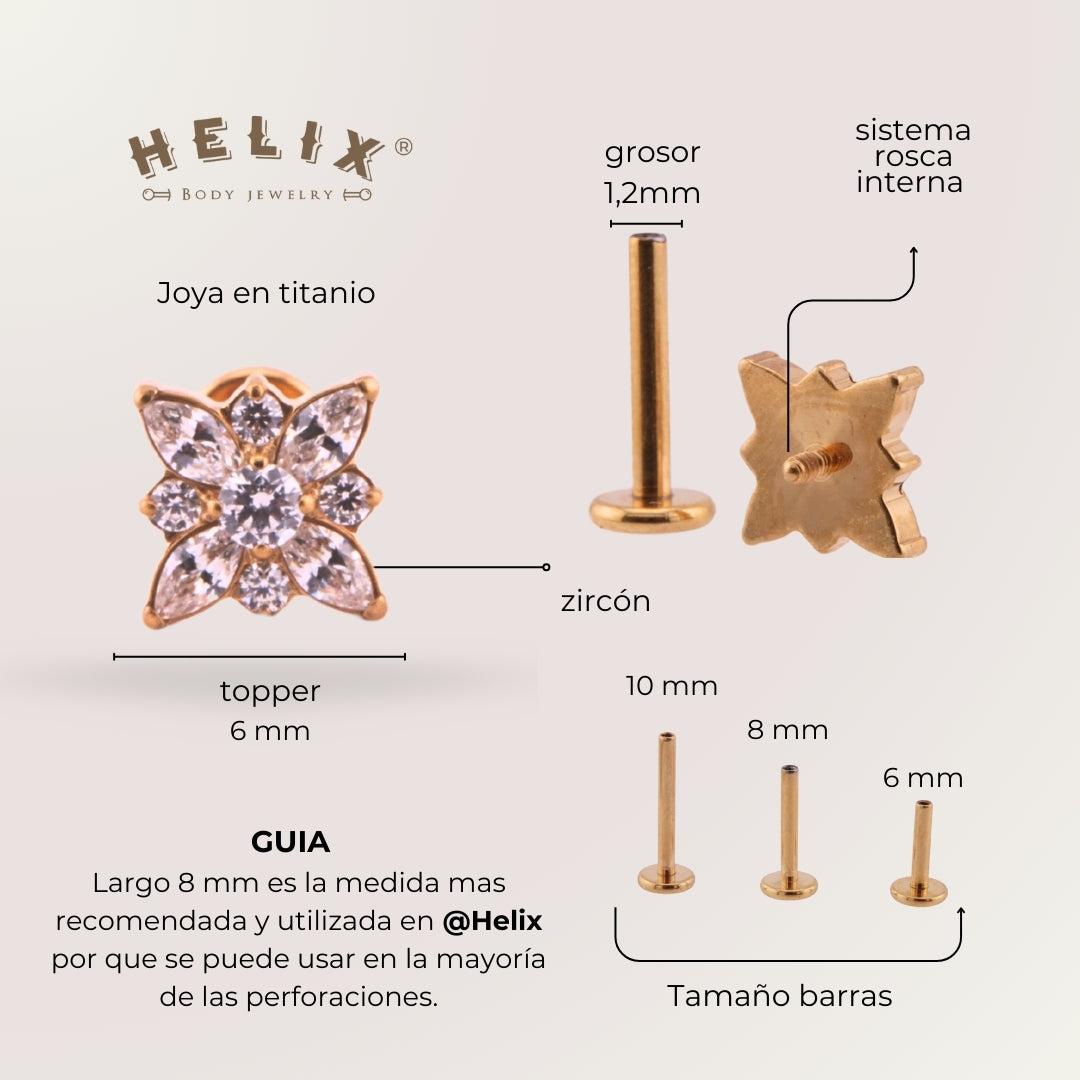 Labret Primavera Dorada en Titanio Grado Implante con Zirconias Hexagonales