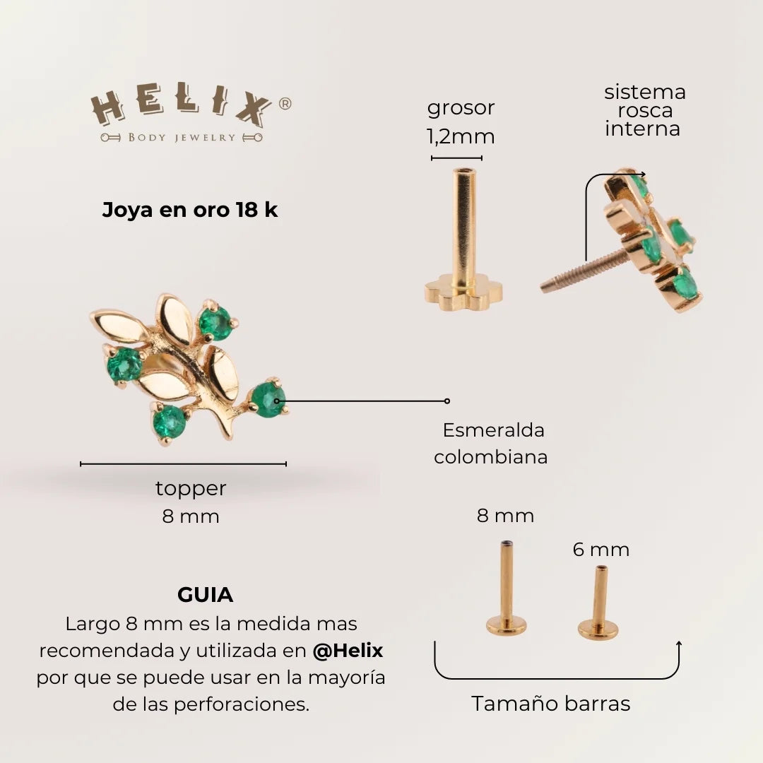 Labret Ramo de Esmeraldas Colombianas en Oro 18K