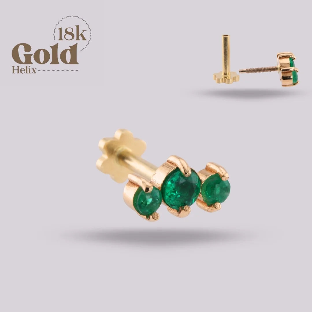 Labret Trío de Esmeraldas Colombianas en Oro 18K