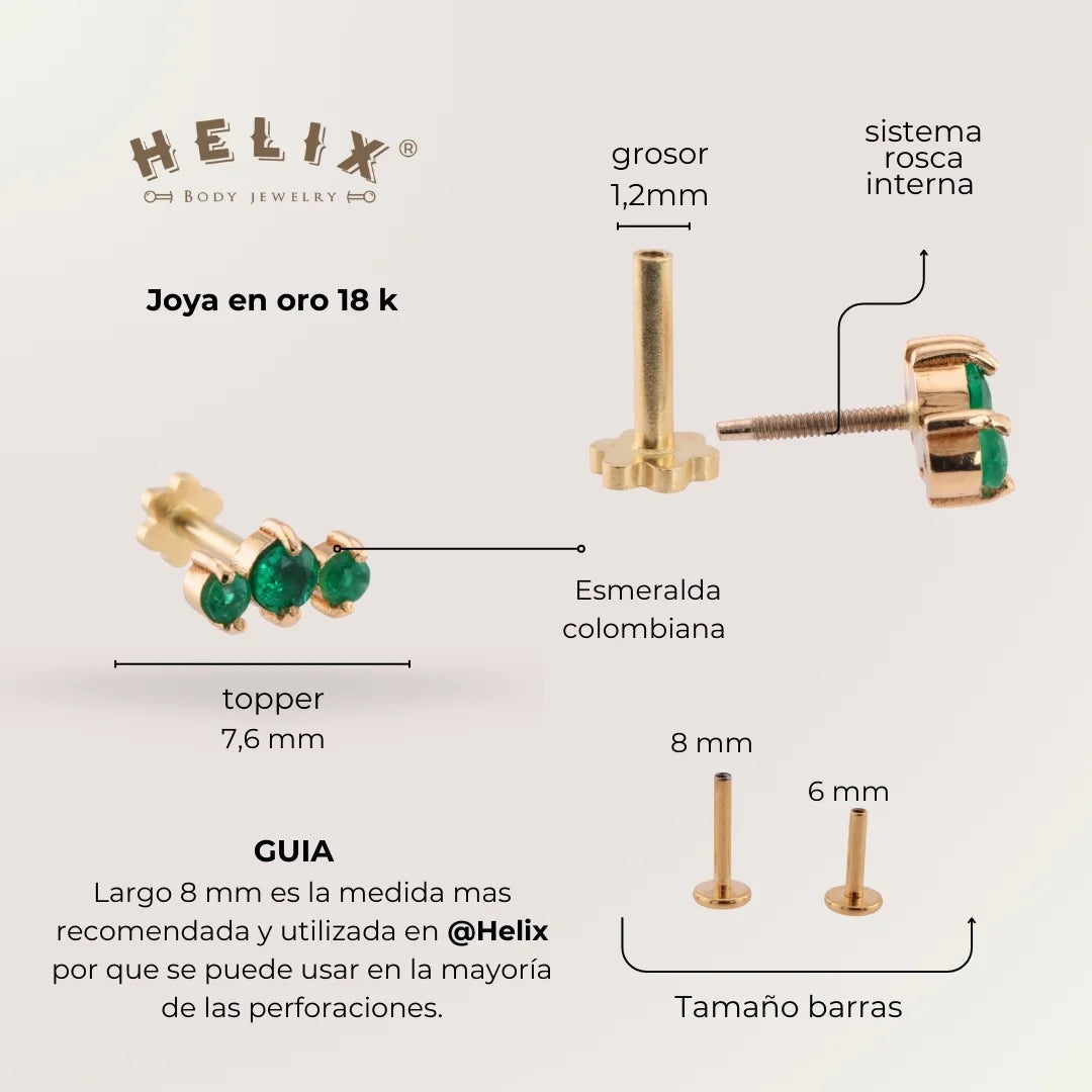 Labret Trío de Esmeraldas Colombianas en Oro 18K